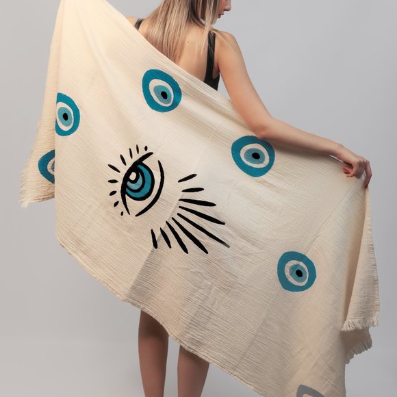 ICONIUM Luxury evil eye printed, muslin Peshtemal for women - Picture 6 of 7